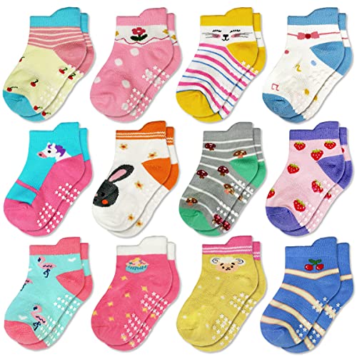 Image of Tphon 12 Pairs Toddler Non Skid Socks with Grips Anti Slip Bottom, Cotton Non Slip Ankle Crew Socks for Boys, Girls, Kids(1-7Years)