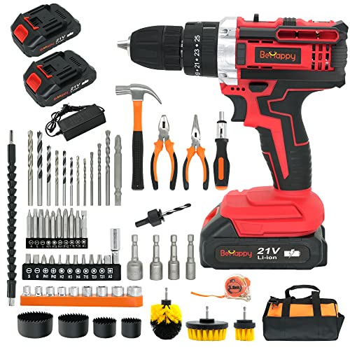 Behappy Cordless Drill Set, 21V Power Drill Set, Electric Drill Kit With 2 Batteries And Charger, 25+3 Torque Setting, 2 Speed, 315 In-Lb, Led, And 63Pcs Drill Bit, Impact Drill Set For Home, Diy #TOP24