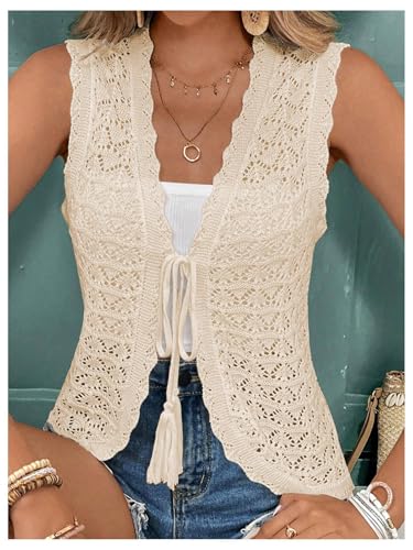 SOLY HUX Women's Hollow Out Crochet Tie Front Tank Top Sleeveless Lightweight Cardigan Vest Summer Outfits4