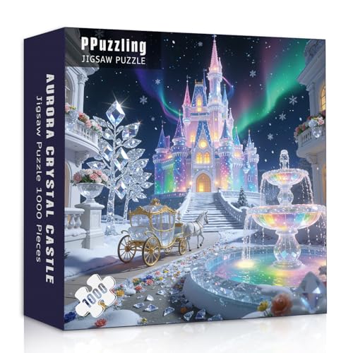 Rompecabezas Aurora Crystal Castle para adultos 1000 piezas, Palacio mágico, escena nocturna de nieve con fuente arcoíris y fantasía, arte de cuento de hadas desafiante y soñador para decoración de pared miniatura 2