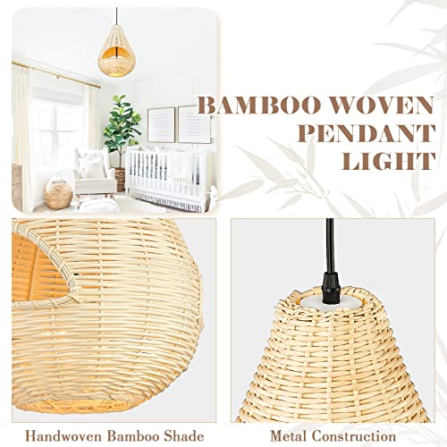 Image of zeyu 2-Light Farmhouse Bamboo Pendant Light, 12.6 Inch Rattan Chandelier Light Fixture, Boho Bird Nest Lamp Shade, ZSL66MIL BK