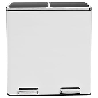 AthLike 60L(16 Gal) Dual Trash Can, Stainless Steel Kitchen Garbage Can, Double Compartment Classified Rubbish Bin, Recycle Dustbin w/Plastic Inner Buckets, Soft-Close Lid, Airtight, White