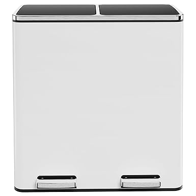AthLike 60L(16 Gal) Dual Trash Can, Stainless Steel Kitchen Garbage Can, Double Compartment Classified Rubbish Bin, Recycle Dustbin w/Plastic Inner Buckets, Soft-Close Lid, Airtight, White
