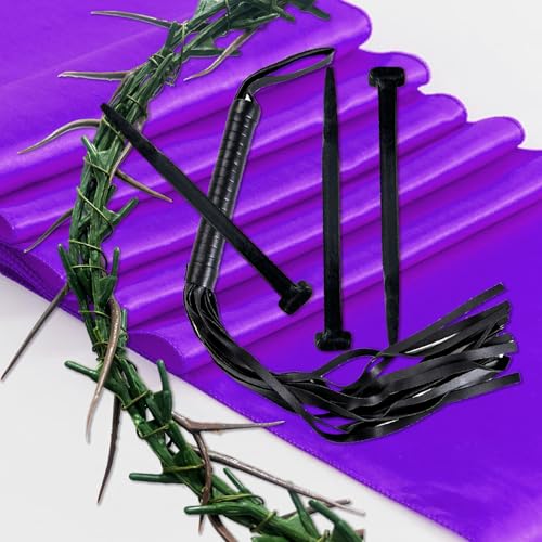 Crown of Thorns Set, 8 Pcs Religious Props Includes Thorn Crown, 3Pcs Crucifixion Nails, Whip, Dice, Purple Cloth & Wooden Piece for Good Friday Decor, Church Play, Easter Pageant,Christian Keepsake