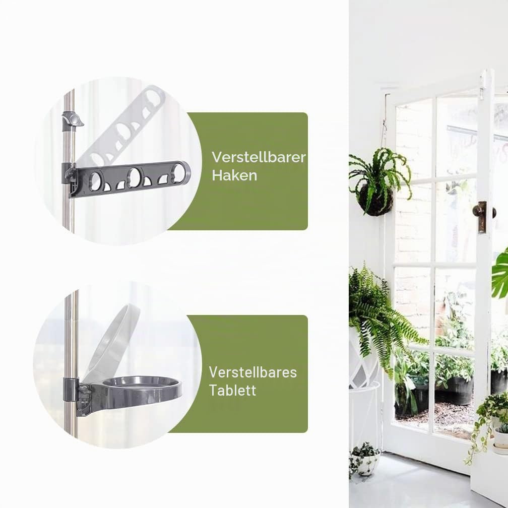 Hershii Teleskop Blumenregal Blumenständer Ecke Pflanzenregale mit 12 Blumentopfhalter und 2 Aufhänger 1 Hängestange für Blumenkörbe und Innenbalkon Garten Höhenverstellbarer 230~290cm Metall Grau