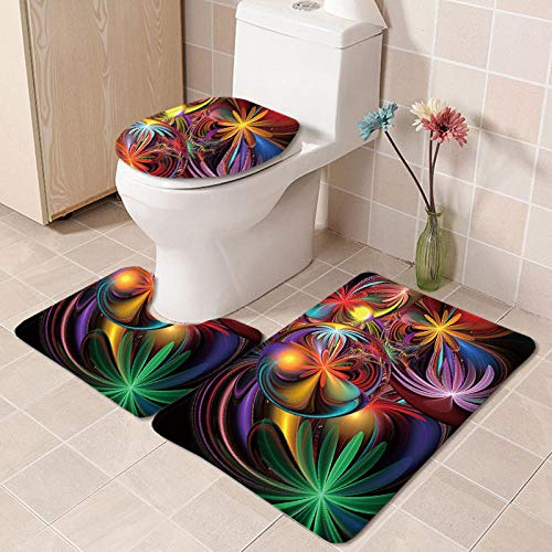 DLSM Polyester rutschfeste Badvorleger Bad teppiche WC-Vorleger Toilettensitz-Bezug Bunte Blumen blühen 3D-HD-Druck Polyesterfaser Antirutsch-Toilettenmatte 3-teiliges Set-C2 Cover