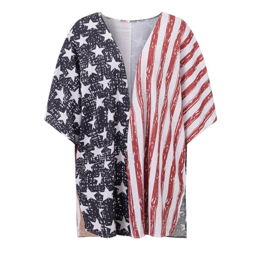 4th of July Mommy and Me Outfits American Flag Kimono Cardigan Stripe Star Print Swimsuit Cover Up2