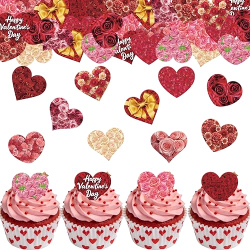 Fyeoxle 56PCS Edible Floral Heart Cupcake Toppers Wafer Paper Roses Heart Cupcake Picks Happy Valentine’s Day Cake Decor for Valentine's Day Theme Engagement Party Supplies