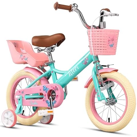 Glerc Sasha 14 Inch Little Kids Bike for Age 3 4 5 Years Old Girls Retro Vintage Style Children Bicycles with Doll Bike Seat & Training Wheels, Green Cover