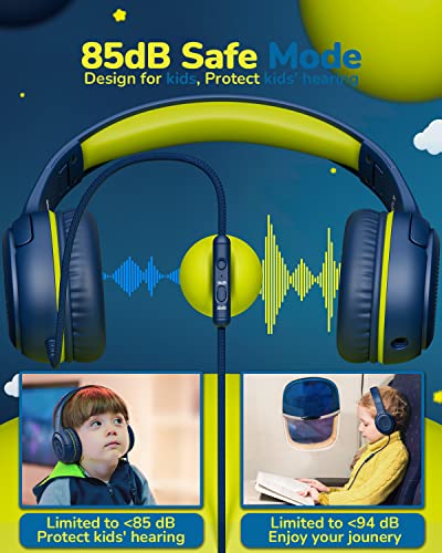Image of awatrue Kids Headphones for School Travel, 85 /94dB Safe Volume Limit, 3.5mm Jack, HD Mic, Portable Wired Headphone with Shareport, Stereo Sound On-Ear Headphones for Toddler Kids Girls Boys Bluegreen