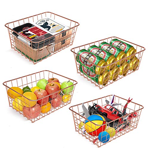 Wire Baskets for Organizing Household Pantry Baskets 4 Pack Metal Baskets for Pantry Storage Fruit Drinks Wire Storage Basket Freezer Pantry Storage Bins Rose Golden Small Wire Baskets