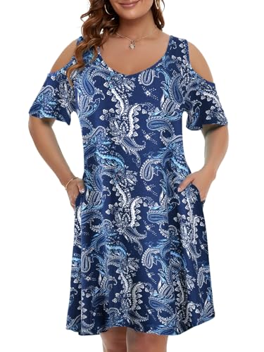 Image of JollieLovin Womens Plus Size Short Sleeve Cold Shoulder V Neck T-Shirt Dress with Pockets