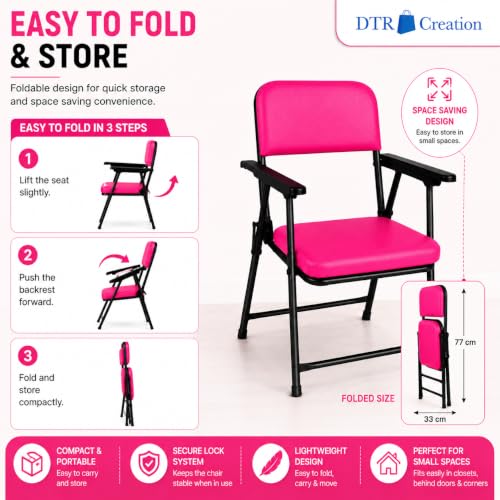 Image of Foldable Cushioned Chair with Armrests | Heavy Duty Metal Frame | Soft Padded Seat & Backrest | Space Saving Folding Chair for Home, Office, Study & Guest Seating | Pink