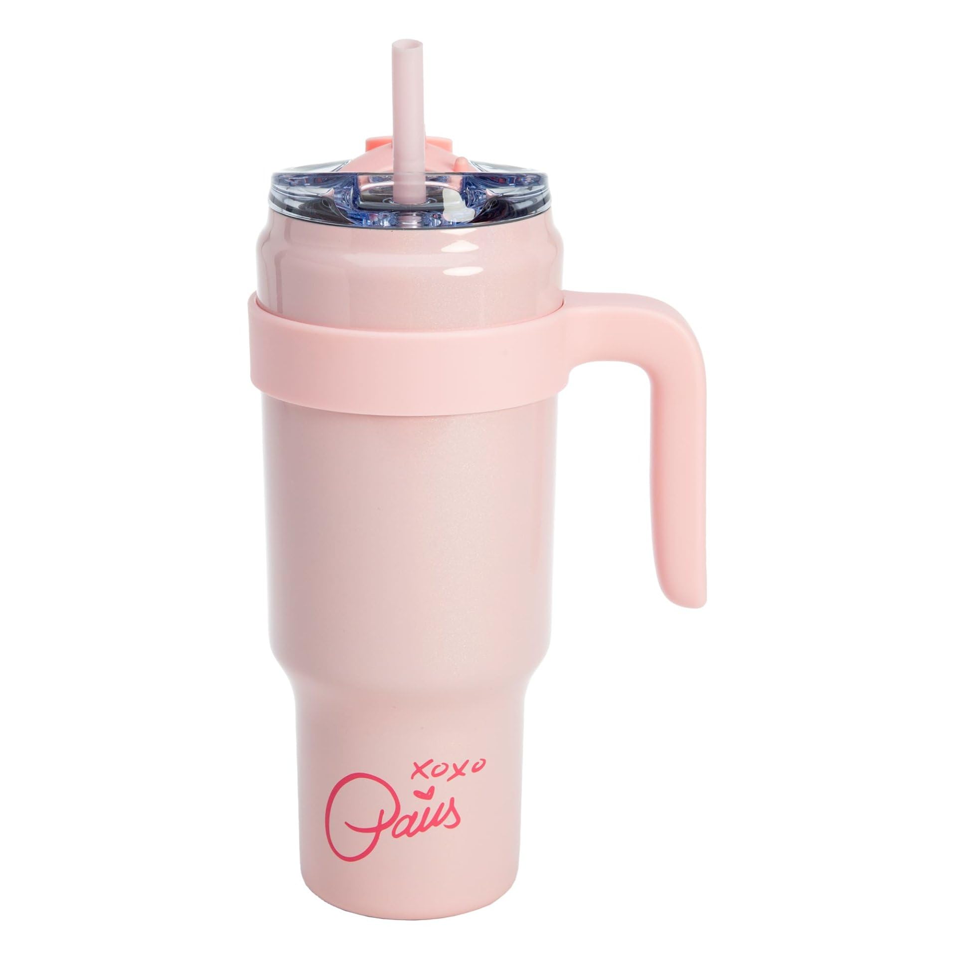 Paris Hilton Pink Stainless Steel Water Bottle, with Plastic Handle & Straw, 1.1 L, Double Wall Insulated, Sports Bottle, Removable Handle