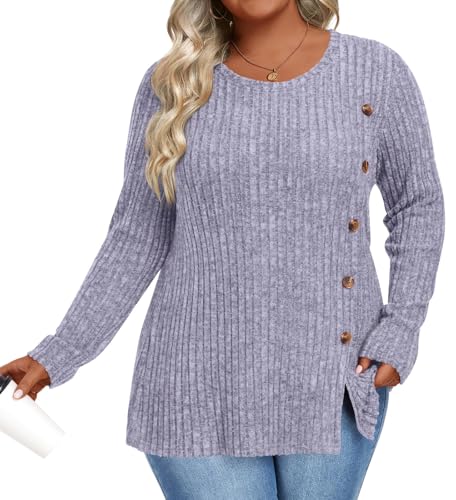 Image of HOTGIFT Womens Plus Size Sweater Tops Long Sleeve Crewneck Casual Tunic Shirts Buttons XL-5XL Blouse Soft Comfy Fashion