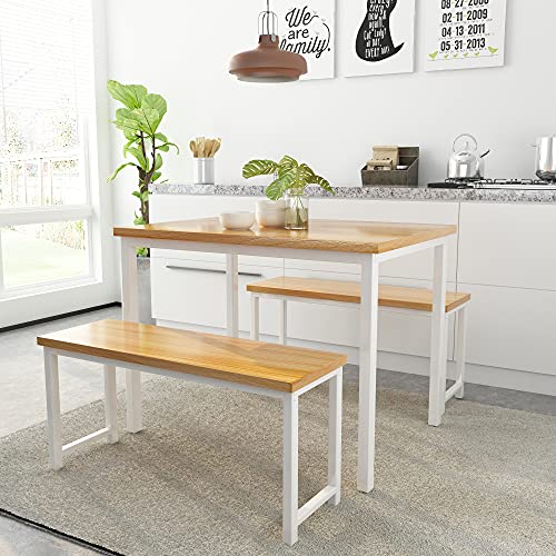 AWQM Dining Room Table Set, Kitchen Table Set with 2 Benches, Ideal for Home, Kitchen and Dining Room, Breakfast Table of 47.2x28.7x29.5 inches, Benches of 41.3x11.8x17.7 inches, Beige