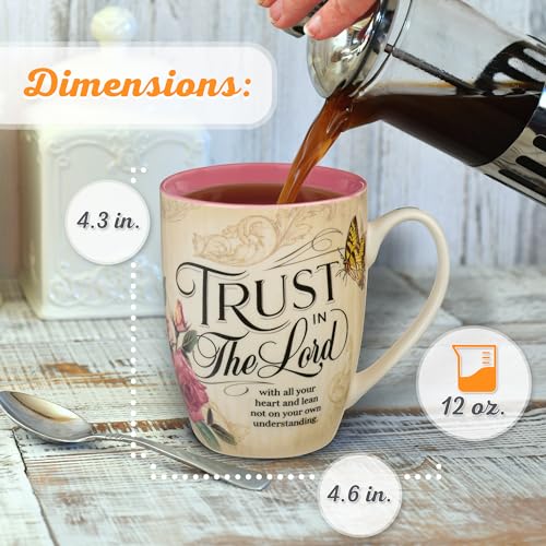 Christian Art Gifts Pink Rose Floral & Yellow Butterfly Ceramic Coffee Mug – 12 oz. Lead-free Inspirational Scripture Coffee and Tea Mug for Women with Bible Verse: Trust in the Lord - Proverbs 3:5 - Image 2