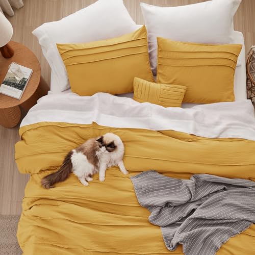 Image of Bedsure California King Comforter Set - 4 Pieces Pinch Pleat Bed Set, Mustard Yellow Boho Bedding for All Season, 1 Soft Comforter, 2 Pillowcases, 1 Decorative Pillow