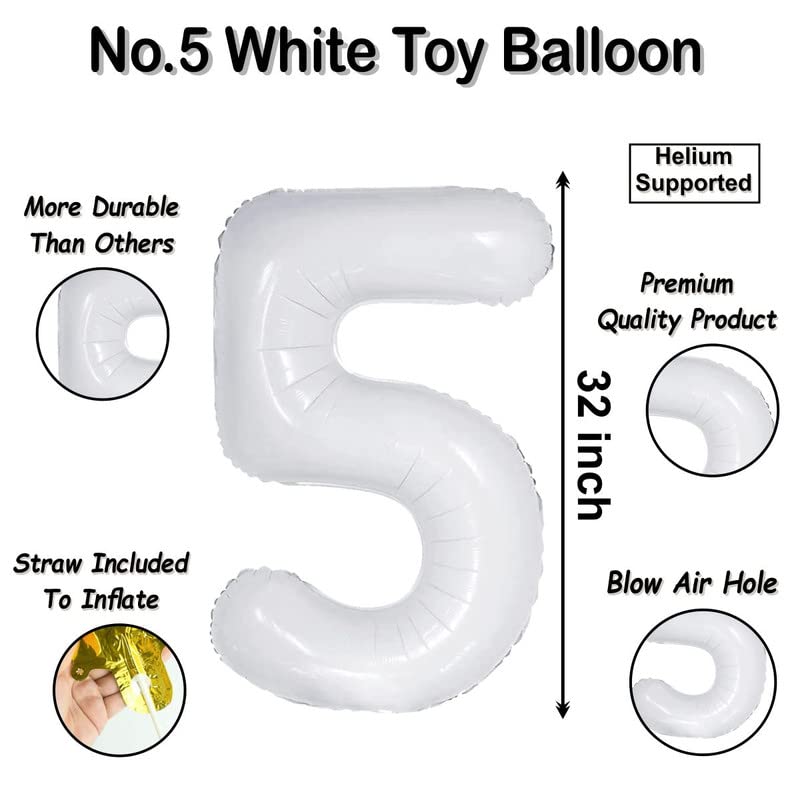 Image of white 32 inches numbers 5 shape large big foil helium balloons for party decorations in happy birthday anniversary office items materials set pack