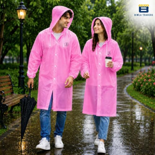 Image of Reusable EVA Hooded Raincoat| Transparent Waterproof Rain Wear for Men & Women | Elastic Full Sleeves | Front Button Design | Knee Length Free size
