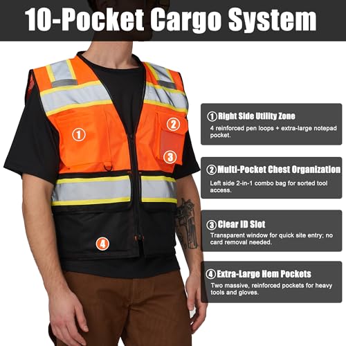 Image of A-SAFETY High Vis Reflective Safety Vest for Men Women Zipper Ipad Pockets Mesh Construction Apparel Neon Vest for Work
