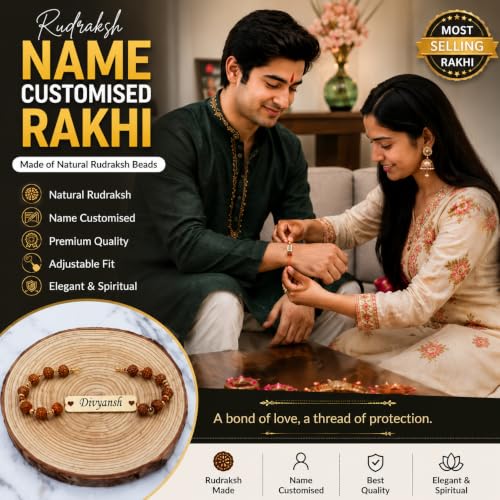 Image of Thebaegift Personalized Rudraksh Rakhi With Name | With Name Customization | Rakhi Combo For Brothers | Best Raksha Bandhan Gift | Name Rakhi For Bhaiyya