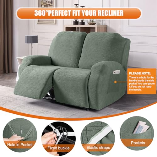 Image of VANSOFY Recliner Cover, 2-Pieces Stretch Reclining Couch Cover with Pockets Loveseat Sofa Slipcovers Soft Washable Furniture Protector for Dogs Cats(Bean Green)