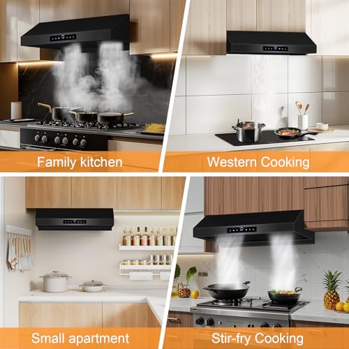 Image of 1200 CFM Black Range Hood 30 Inch, Under Cabinet Range Hood 30 Inch, 4-Speed Kitchen Hood with Gesture Sensing & Touch Control Kitchen Stove Vent Hoods, Supports Only Duct Installation