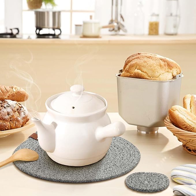 Image of Cotton Rope Placemat Set with Coasters and Holder 6 Pieces Round Woven Table | Mats Natural Beige Heat Resistant | Dining Table Decor | Durable Washable Kitchen Accessories (Gry Mix White)