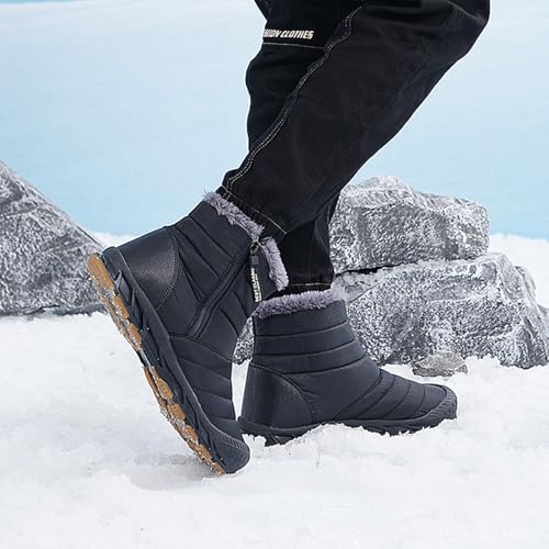 Image of Mens Winter Warm Snow Boots Fur Lined Anti-Slip Waterproof Winter Shoes Retro Anti-Collision Round Toe Zipper Closure Slip on Outdoor Boot