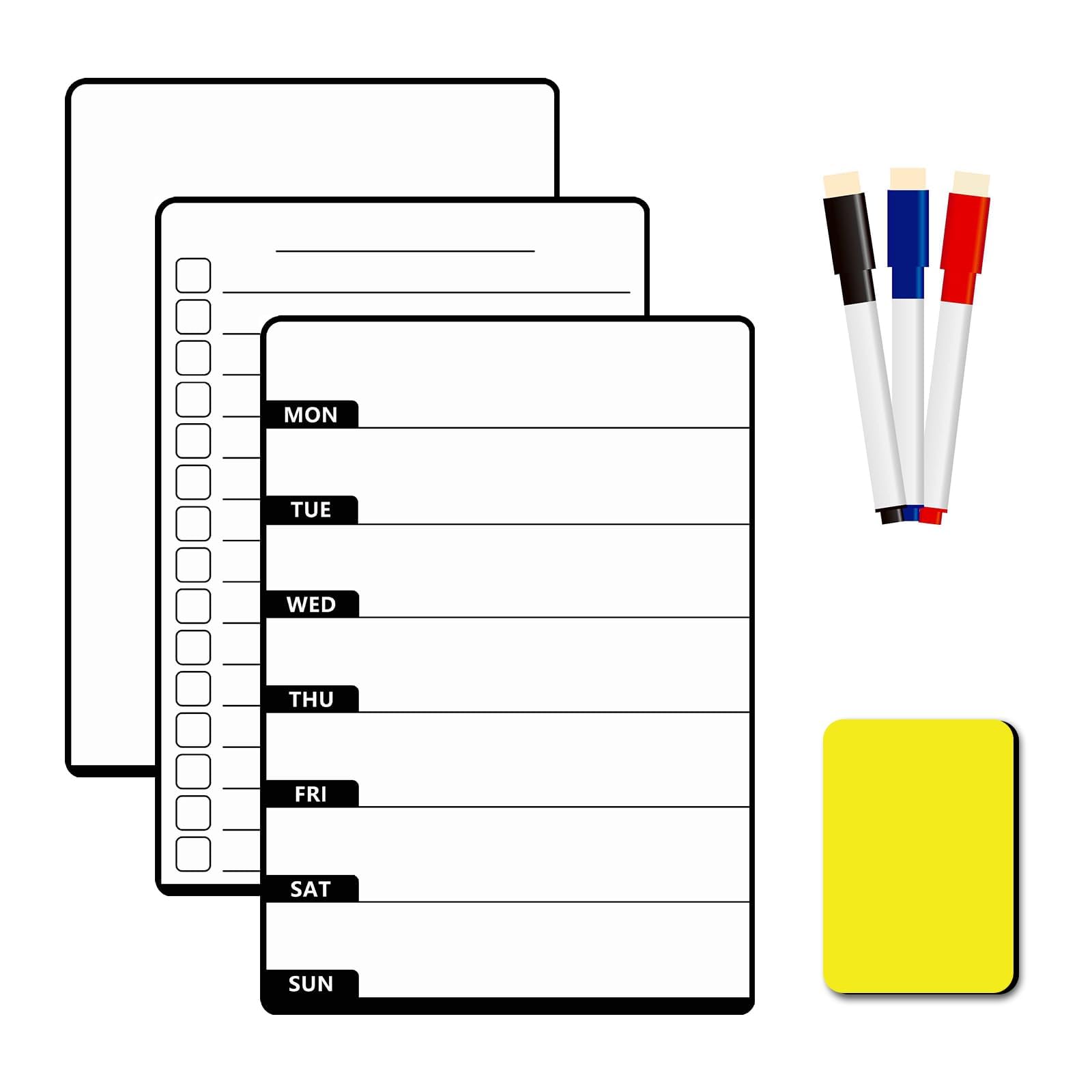 3-Pack Magnetic Whiteboards for Fridge and Wall - Includes 3 Markers + Eraser - Ideal for Memos, Notes, Lists, Menus in Home, Kitchen, Office