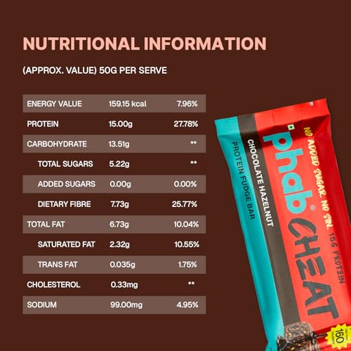 Image of Phab Cheat Protein Bar - Chocolate Hazelnut | High Protein Snack (15g) | No Added Sugar | Low Calorie Fudge Bar | Healthy Guilt-Free Snack | Pack 12-50g each