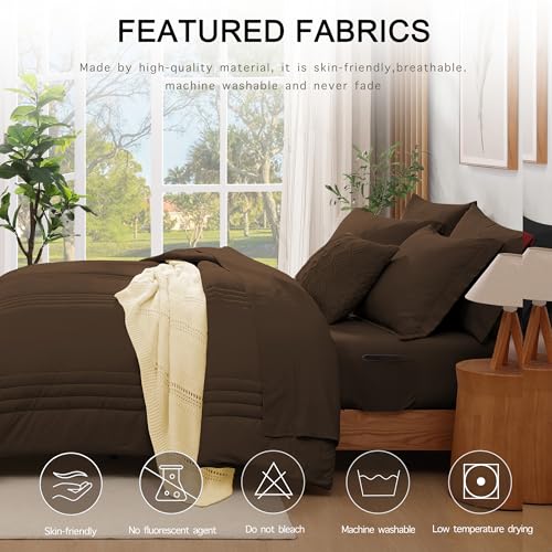 Image of Monbix Full Comforter Set - 7 Pieces Chocolate Brown Bed in a Bag Full Size Bedding Sets with Comforters, All Seasons Comforter with Sheets, Pillowcases & Shams