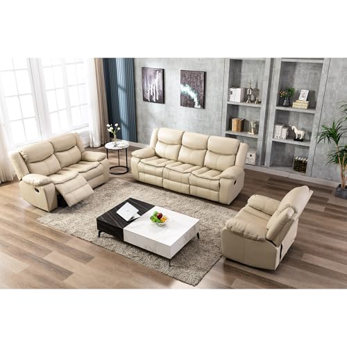 Ball & Cast 3 Pieces Manual Recliner Sofa Couch Set, Living Room Furniture Set,Breathable Leather Reclining Sofa Set,6 Seater Home Theater Seating Sectional Sofa,Cream