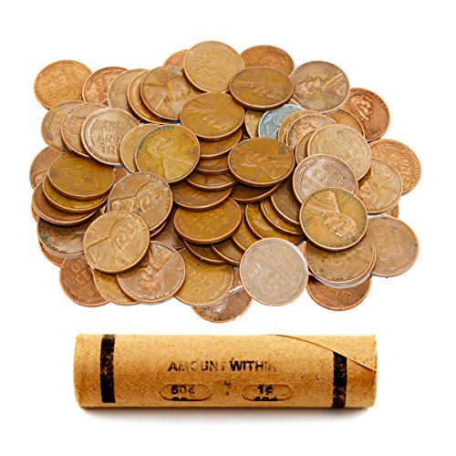 AIIZ Collectibles Lincoln Wheat Penny Roll (50 Coins), Mixed Years & Mints (1909-1958 PDS) Circulated Good to UNC in Old Window Wrap, Machine Rolled Penny Roll