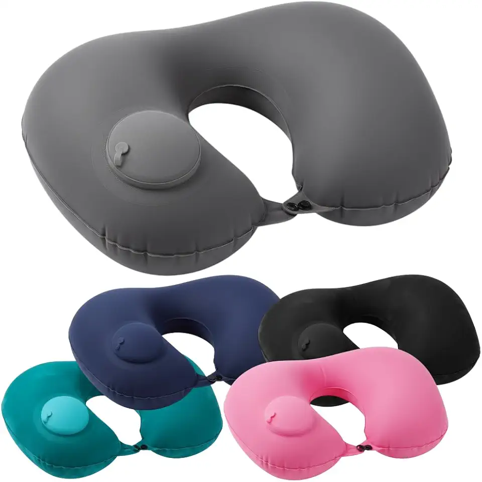 Almofada de Pescoço Inflável para Viagem, Formato U, Suporte Cervical Ergonômico para Avião e Carro (Cinza)