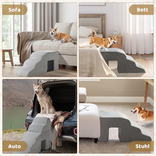 LEADZM Hundetreppe mit 28D Hochdichtem Schaum - 5 Stufen 74 cm hoch für Hunde aller Größen - Zweiteiliges Design mit Tunnel - Abnehmbarem Waschbarer Bezug, Tragbare Rampe für Kleine Hunde zu Bett, Sof