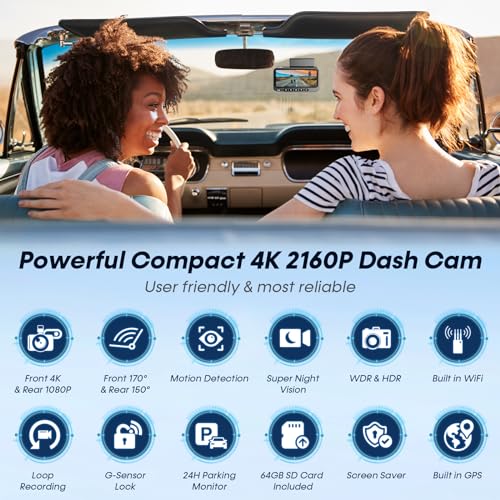 Smart Dash Cam GPS APP: 4K 2160P USB Easy Install 5G WiFi Front Rear Car Camera Night Vision Loop Recording 3.16ââ Screen Mini Dashcams 64GB Card 24H Parking Monitor 170°Wide View DoHonest ZD72 - Image 5