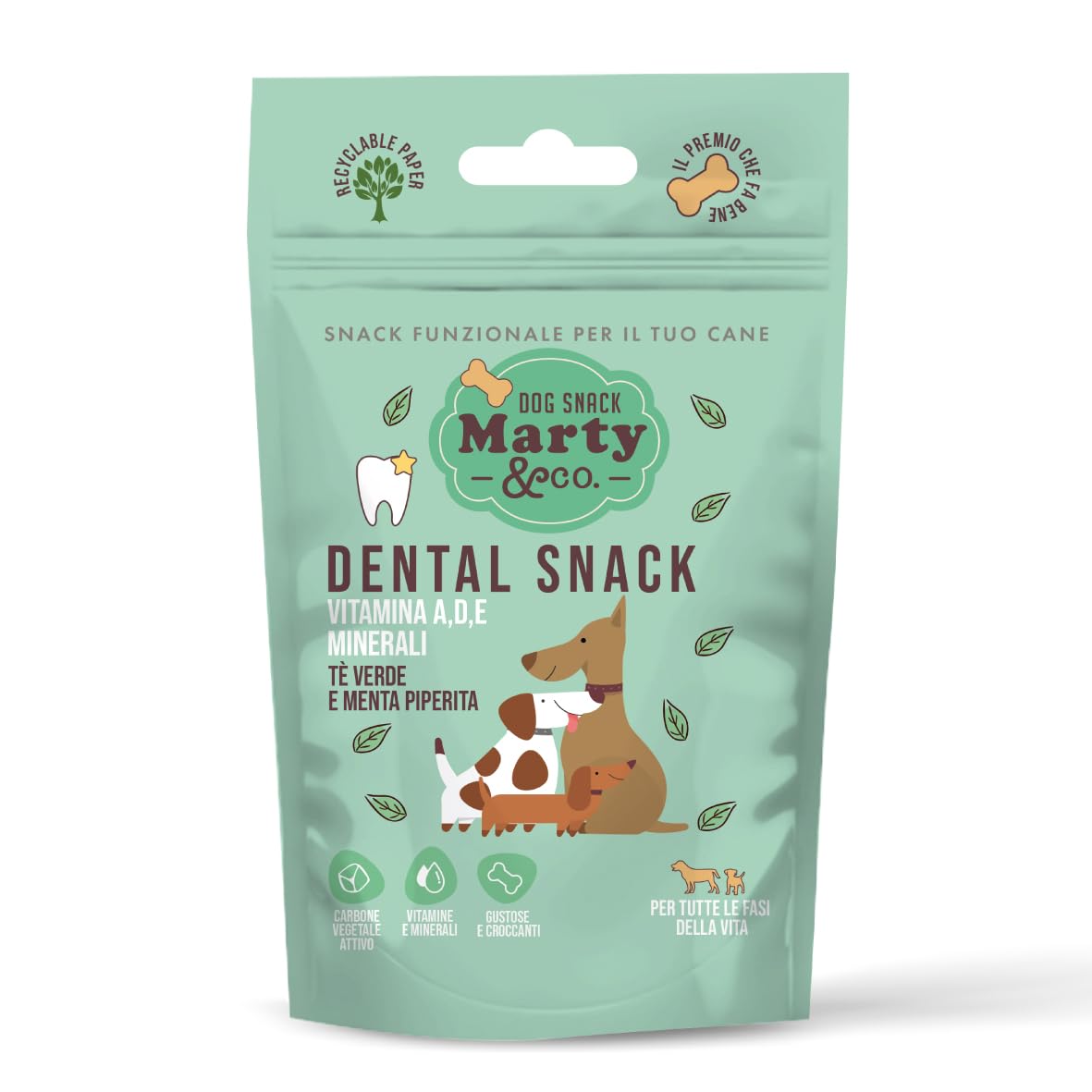 Marty & Co - Snack Dentale- Biscotto- Migliora Alitosi e Previene e Rimuove Tartaro -per Cane e Gatto -Con Menta Piperita, Tè Verde, Vitamina A,D, E, CarboneVegetale Attivo - gr 80