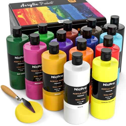 Nicpro 14 Colors Large Bulk Acrylic Paint Set for Artist (16.9 oz, 500 ml)