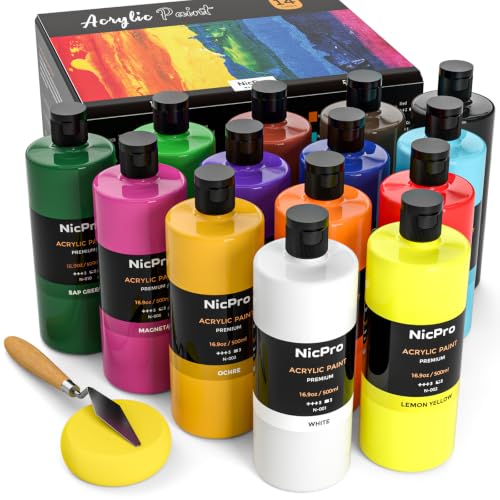 Image of Nicpro 14 Colors Large Bulk Acrylic Paint Set for Artist (16.9 oz, 500 ml)