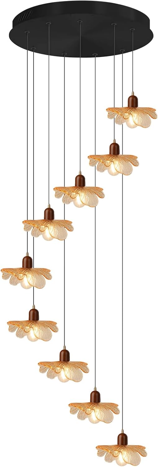 Amber Glass Pendant Light Vintage Kitchen Island Over Hanging Lights 13-inch Glass Shade Natural Wood Chandelier for Living Room Dining Room Bedroom, 1-Light