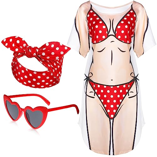 Jeyiour Camisa de bikini para mujer, bandana, diadema, corazón, retro, gafas de sol, manga corta, traje de baño, camisa, lindas gafas, Lunares, XL