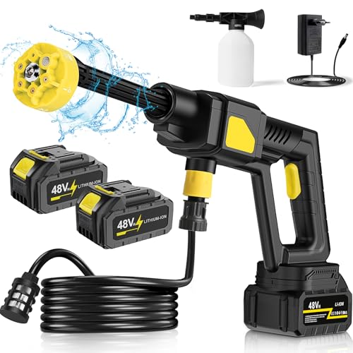Akku Hochdruckreiniger Max.35 Bar Mobil Druckreiniger 1,5H Akkulaufzeit Autowaschpistole 6-in-1 Multi-Sprühdüse Bürstenlos Akku Hochdruck Wasserpistole für Auto, Garten, Haus