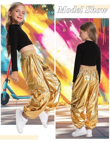 2025 Metallic Cargo Pants with Pocket for Girls Hip Hop Glitter Pants Y2k Dancing Shiny Pants Streetwear Back School4