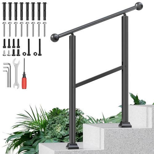 ORWOD 2-Step Outdoor Stair Handrail Kit, Heavy Duty Aluminum Alloy Adjustable Height with Powder Coated Black Metal Finish Complete Installation Hardware & Tools Included for Concrete Porch Deck Brick