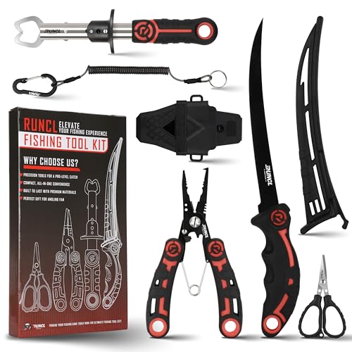 RUNCL-4pc-Fishing-Tool-Kit-Fishing-Pliers-Fish-Fillet-Knife-with-Sharpener-Fish-Lip-Gripper-Fishing-Braid-Scissors-Saltwater-Fishing-Gear-and-Equipment-with-SheathLanyard-Fishing-Gifts-for-Men