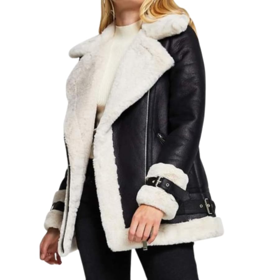 Women’s B3 RAF Aviator Flying Bomber Faux Fur Coat Lambskin Real Leather Jacket Black