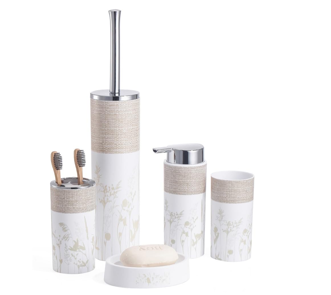 BM Set di Accessori da Bagno in Bambù e Plastica, Set Accessori Bagno Completo 5 Pezzi, Dispenser, Portaspazzolino, Bicchiere, Portasaponetta, Portascopino