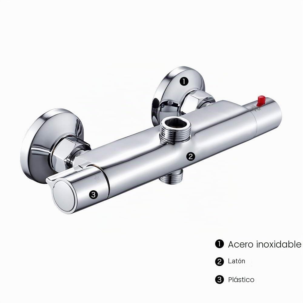 Keyohome Mezclador Termostático para Ducha, 2 Salidas, Latón Cromado, Antiquemaduras, Baño tamaño de Entrada: G 3/4 ", tamaño de la Salida: G 1/2"